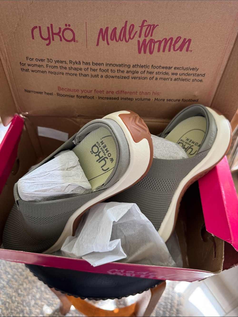 Ryka Olive Slip-On Knit Mule Sneakers with Tan & white sole Accents